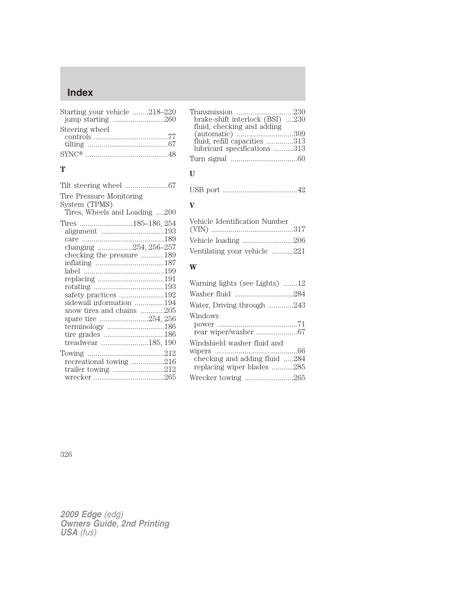 Index | FORD 2009 Edge v.2 User Manual | Page 326 / 326