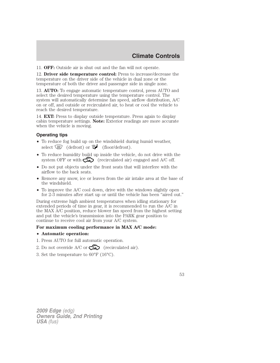 Operating tips, Climate controls | FORD 2009 Edge v.2 User Manual | Page 53 / 326