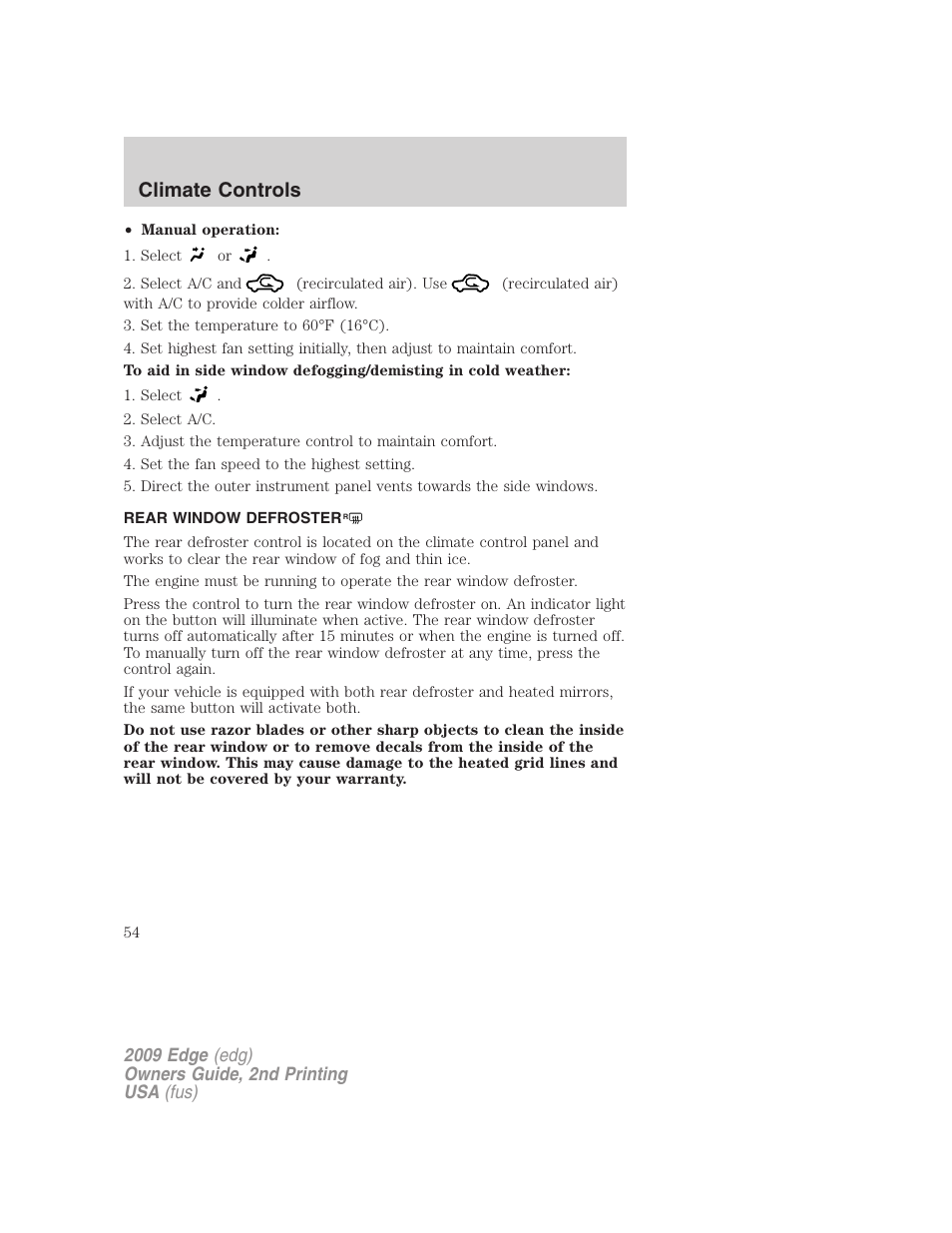 Rear window defroster, Climate controls | FORD 2009 Edge v.2 User Manual | Page 54 / 326