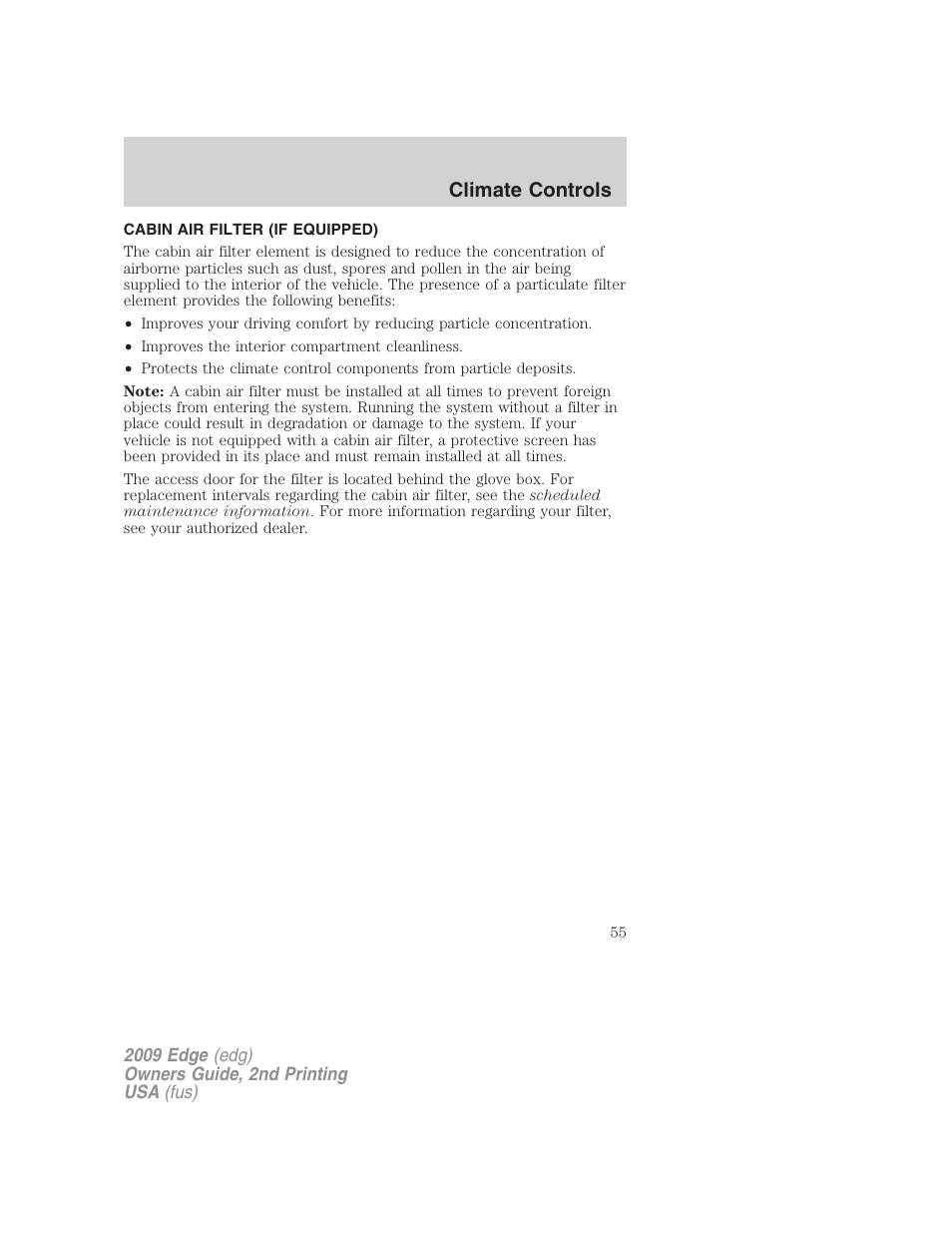 Cabin air filter (if equipped), Climate controls | FORD 2009 Edge v.2 User Manual | Page 55 / 326