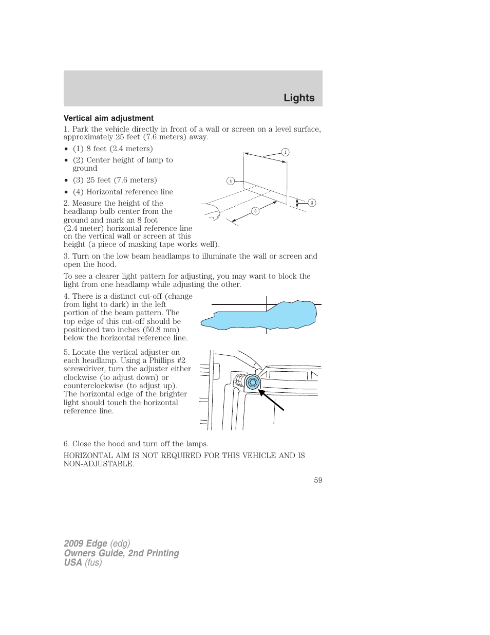 Vertical aim adjustment, Lights | FORD 2009 Edge v.2 User Manual | Page 59 / 326