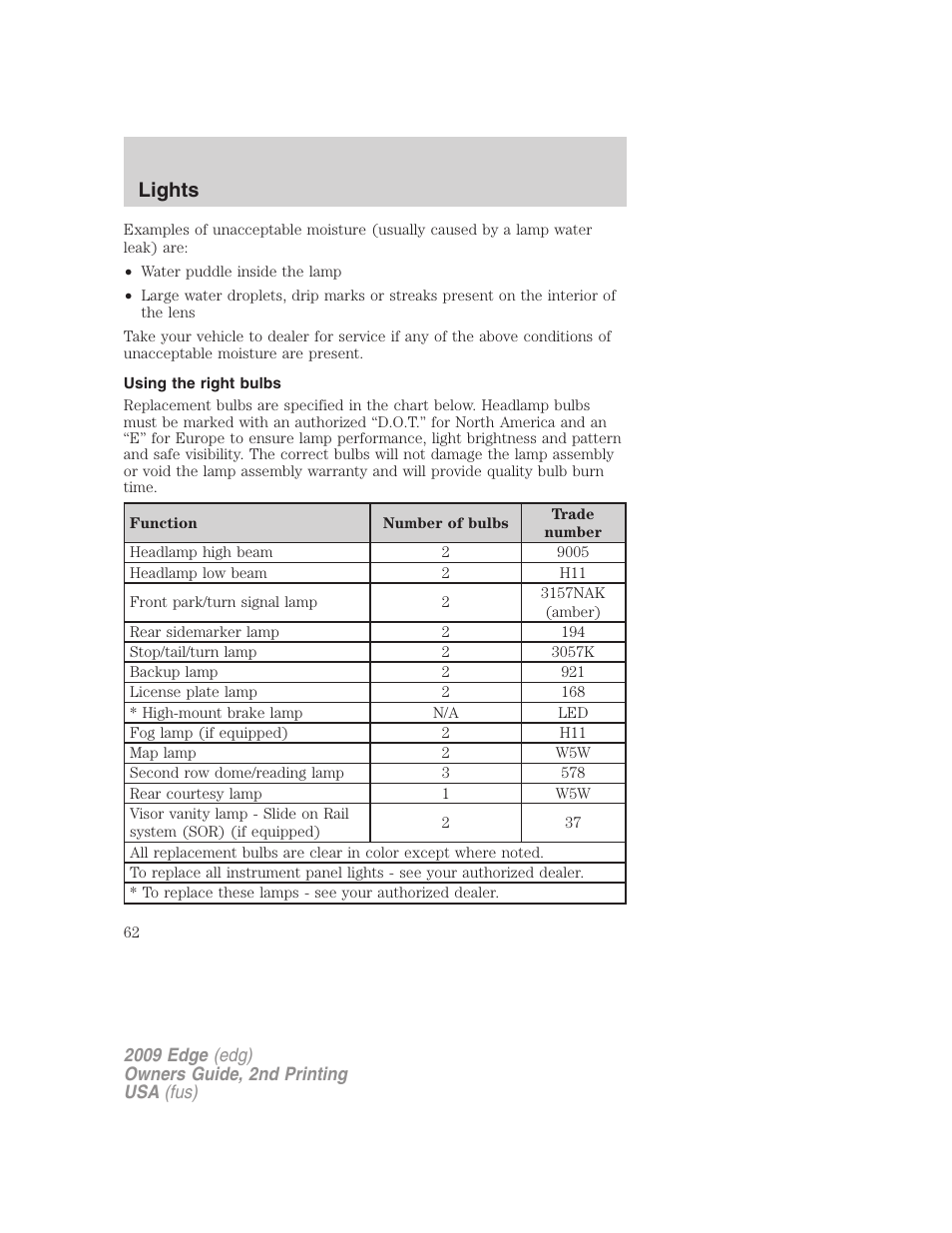 Using the right bulbs, Lights | FORD 2009 Edge v.2 User Manual | Page 62 / 326