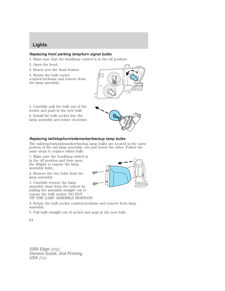Replacing front parking lamp/turn signal bulbs, Lights | FORD 2009 Edge v.2 User Manual | Page 64 / 326