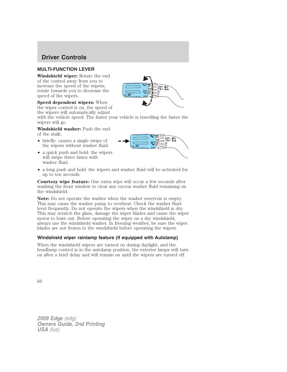 Driver controls, Multi-function lever, Windshield wiper/washer control | FORD 2009 Edge v.2 User Manual | Page 66 / 326