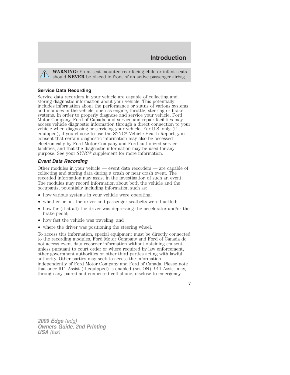 Service data recording, Event data recording, Introduction | FORD 2009 Edge v.2 User Manual | Page 7 / 326