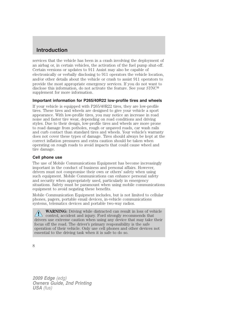 Cell phone use, Introduction | FORD 2009 Edge v.2 User Manual | Page 8 / 326