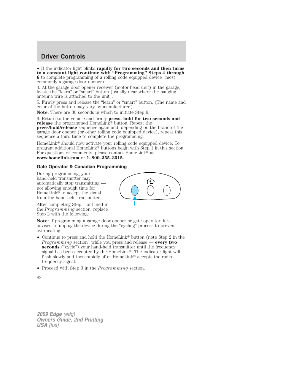 Gate operator & canadian programming, Driver controls | FORD 2009 Edge v.2 User Manual | Page 82 / 326