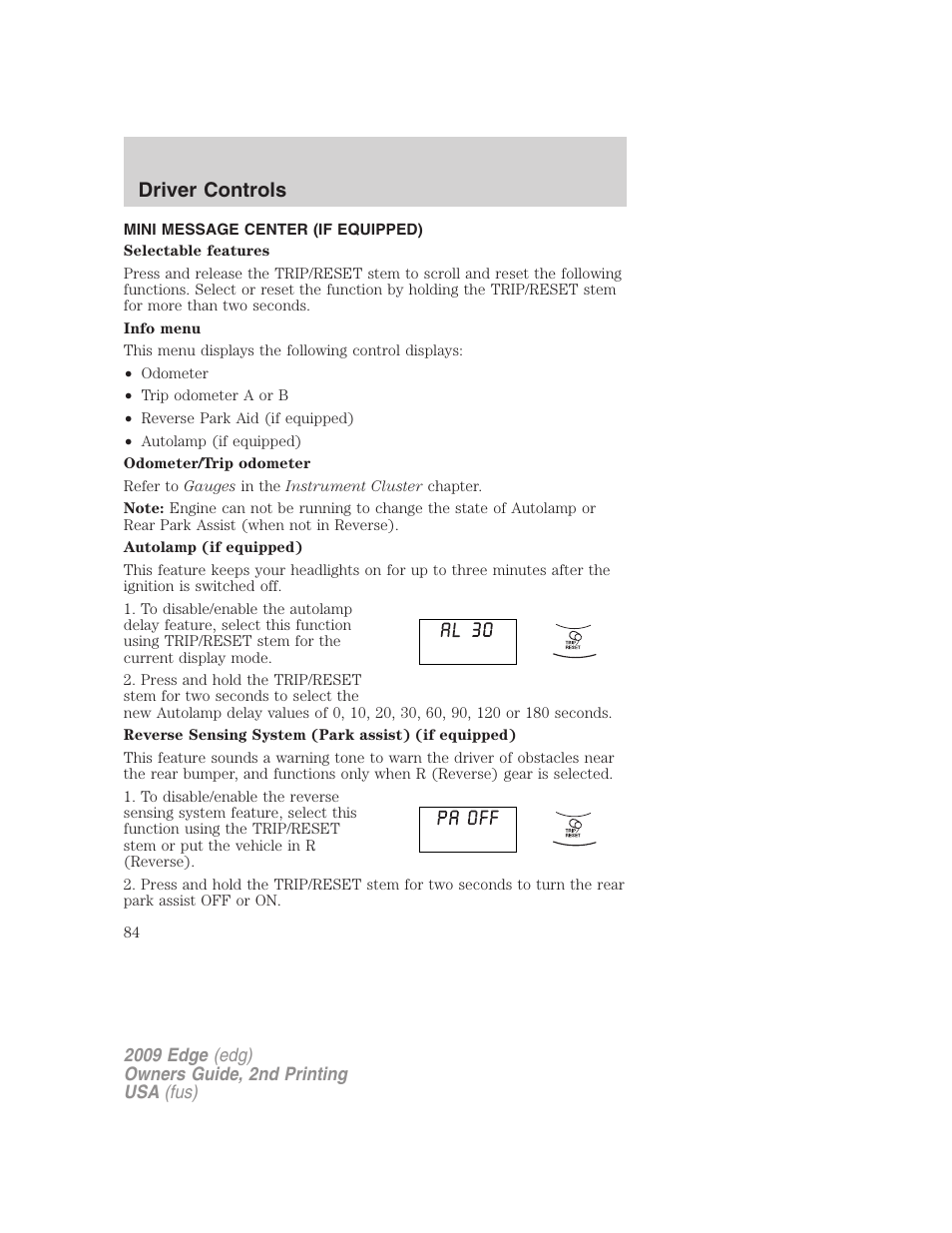 Mini message center (if equipped), Message center, Driver controls | FORD 2009 Edge v.2 User Manual | Page 84 / 326