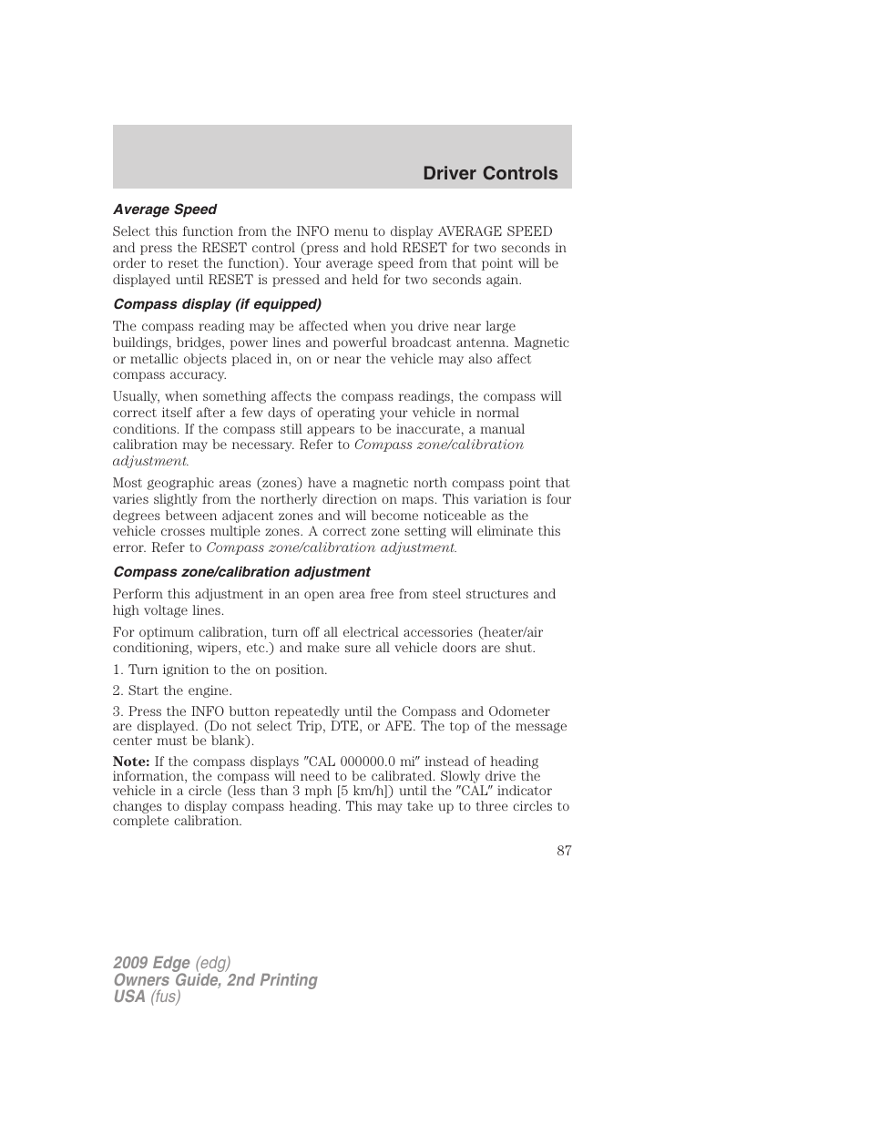 Average speed, Compass display (if equipped), Compass zone/calibration adjustment | Driver controls | FORD 2009 Edge v.2 User Manual | Page 87 / 326