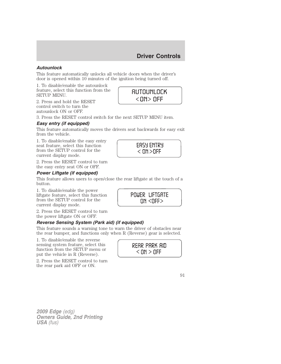 Autounlock, Easy entry (if equipped), Power liftgate (if equipped) | Reverse sensing system (park aid) (if equipped), Driver controls | FORD 2009 Edge v.2 User Manual | Page 91 / 326