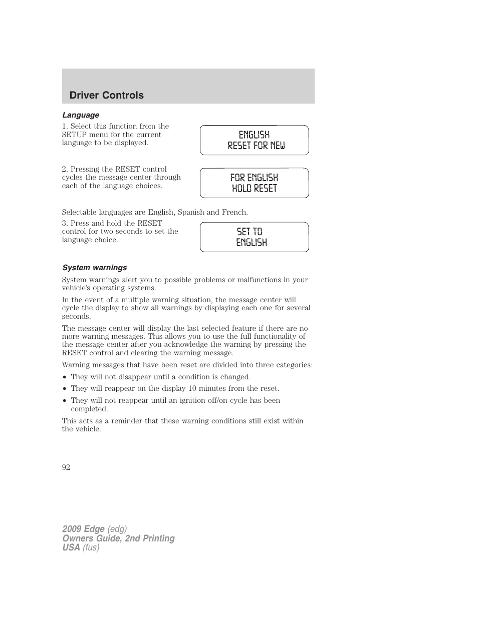 Language, System warnings, Driver controls | FORD 2009 Edge v.2 User Manual | Page 92 / 326