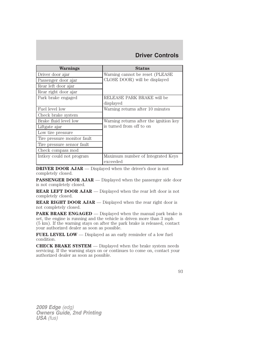 Driver controls | FORD 2009 Edge v.2 User Manual | Page 93 / 326