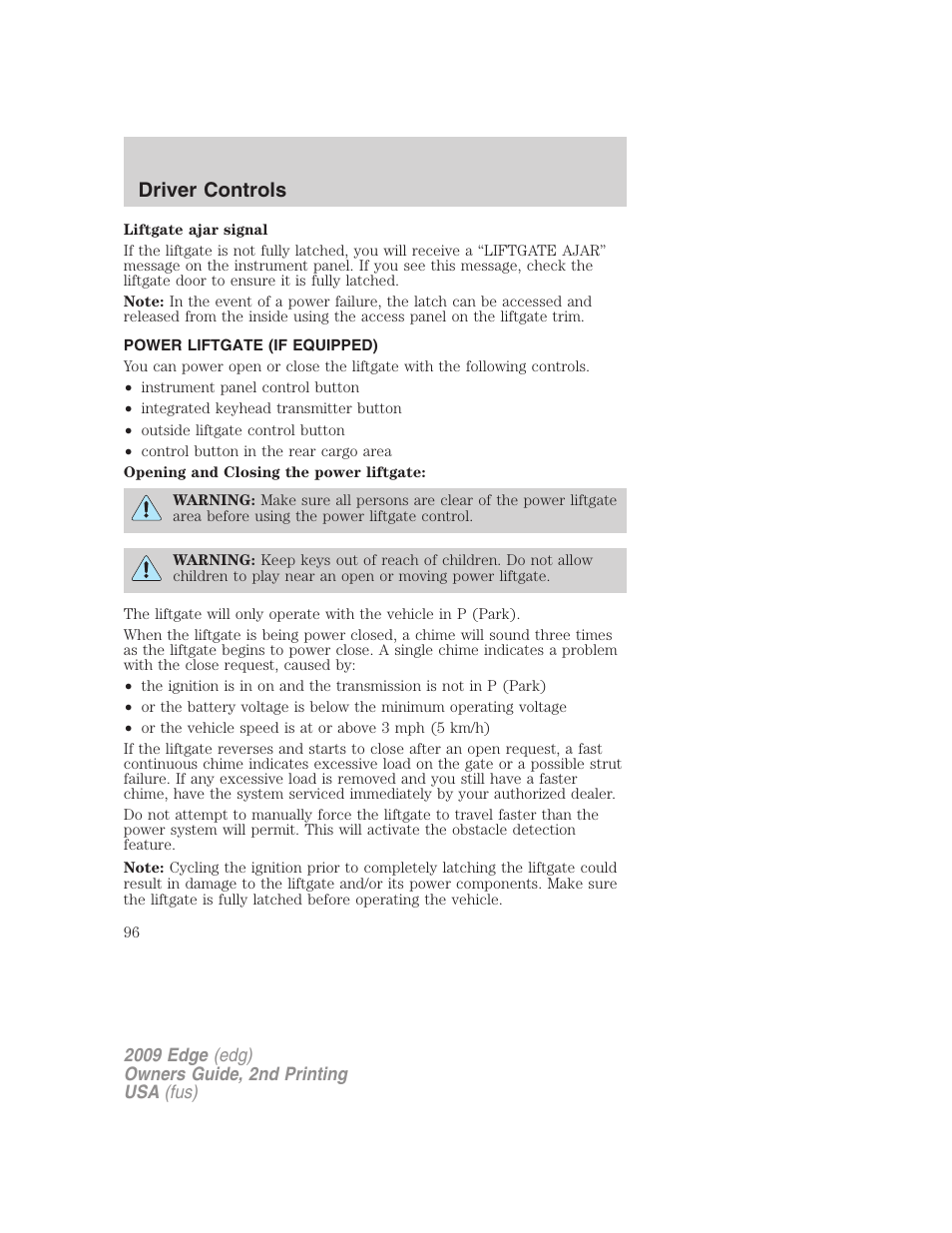 Power liftgate (if equipped), Driver controls | FORD 2009 Edge v.2 User Manual | Page 96 / 326