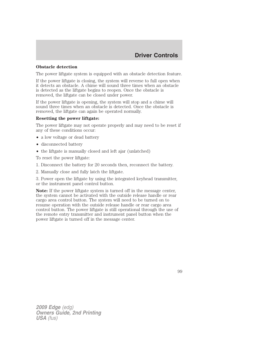 Driver controls | FORD 2009 Edge v.2 User Manual | Page 99 / 326