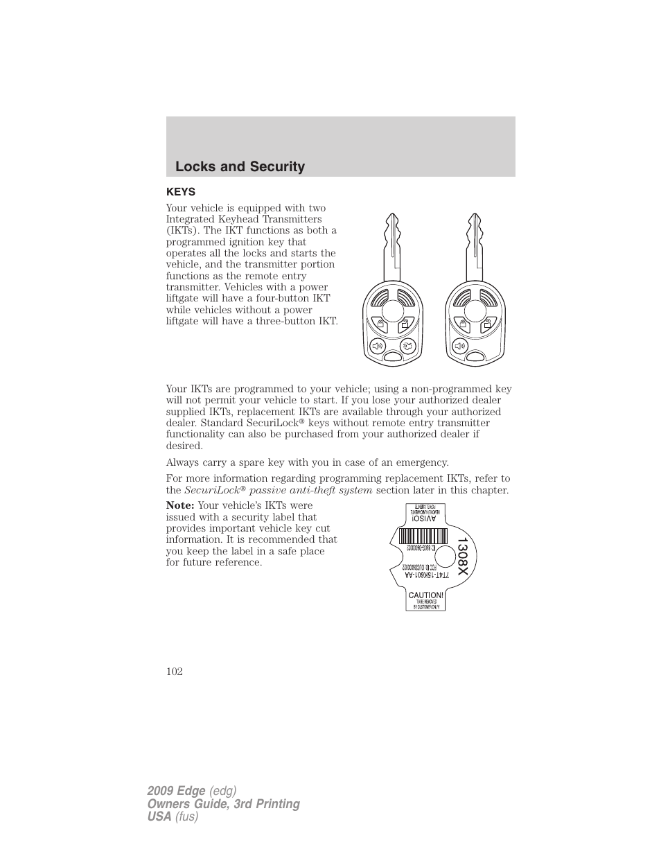 Locks and security, Keys | FORD 2009 Edge v.3 User Manual | Page 102 / 324