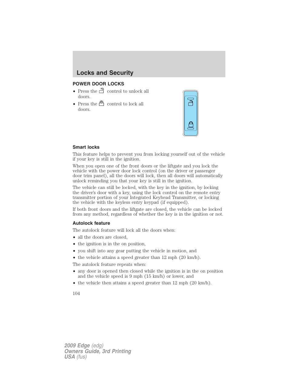 Power door locks, Smart locks, Autolock feature | Locks, Locks and security | FORD 2009 Edge v.3 User Manual | Page 104 / 324