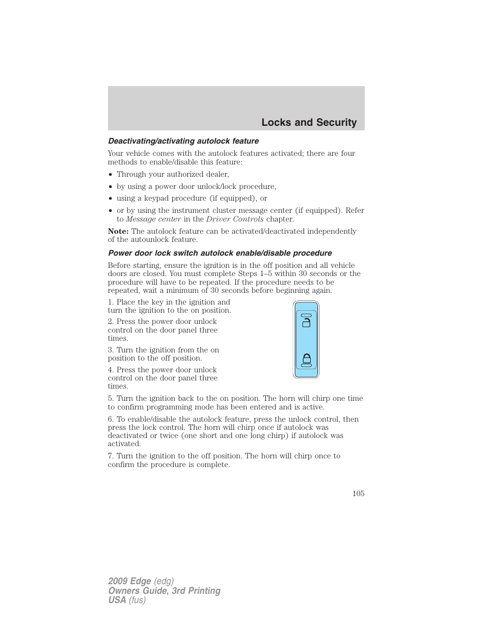 Deactivating/activating autolock feature, Locks and security | FORD 2009 Edge v.3 User Manual | Page 105 / 324