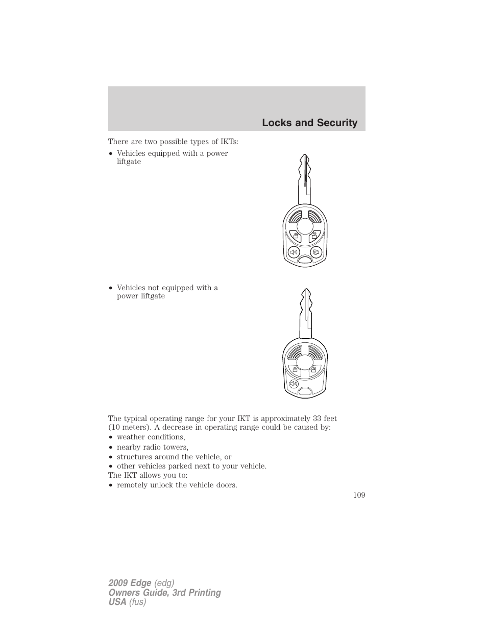 Locks and security | FORD 2009 Edge v.3 User Manual | Page 109 / 324
