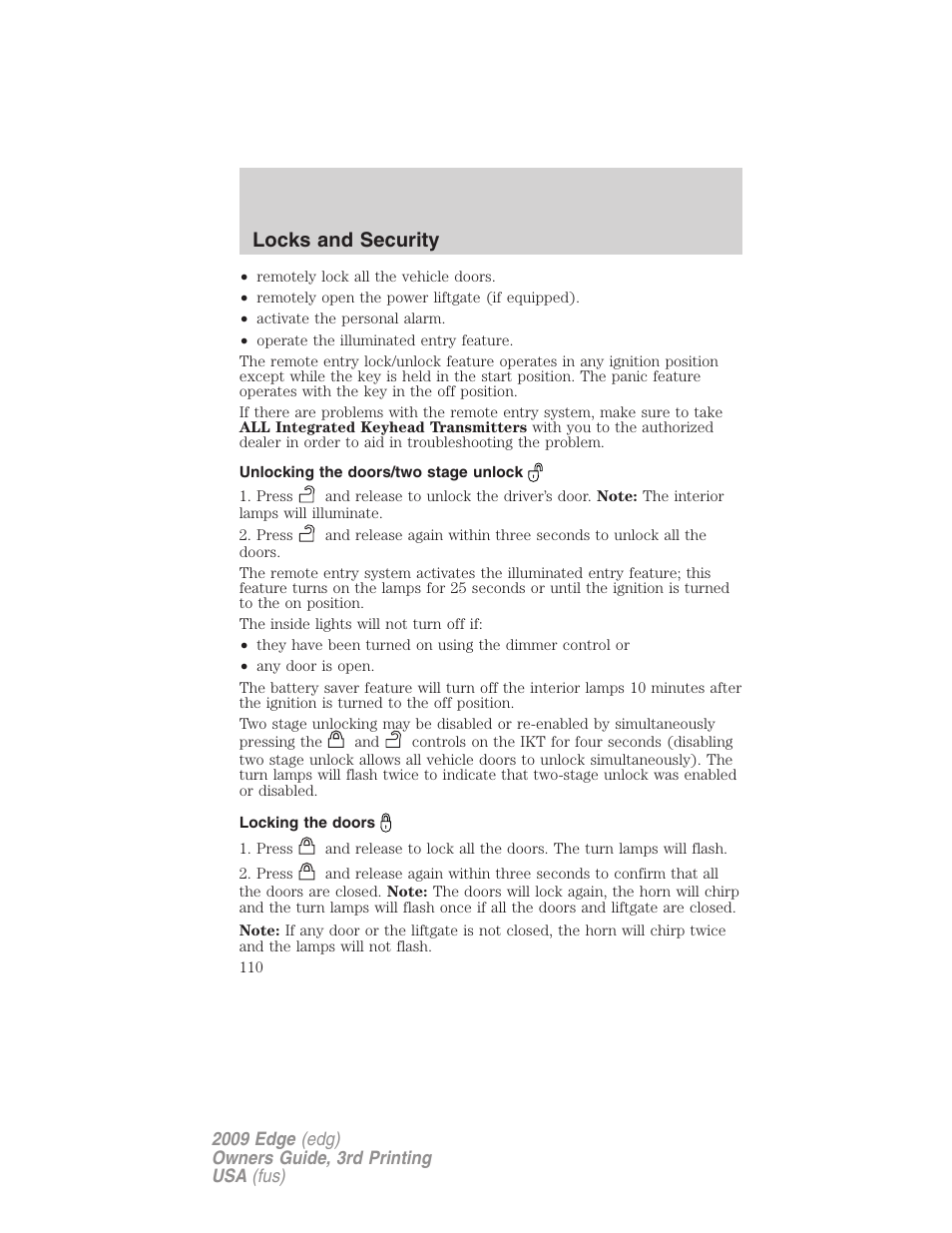 Unlocking the doors/two stage unlock, Locking the doors, Locks and security | FORD 2009 Edge v.3 User Manual | Page 110 / 324