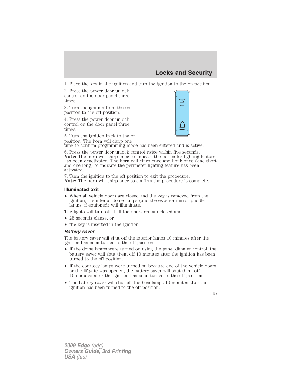 Illuminated exit, Battery saver, Locks and security | FORD 2009 Edge v.3 User Manual | Page 115 / 324