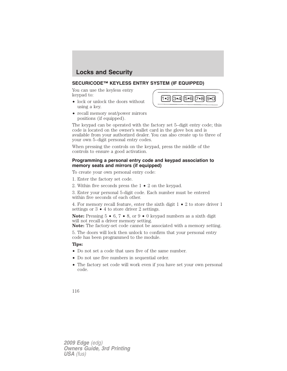 Securicode™ keyless entry system (if equipped), Locks and security | FORD 2009 Edge v.3 User Manual | Page 116 / 324