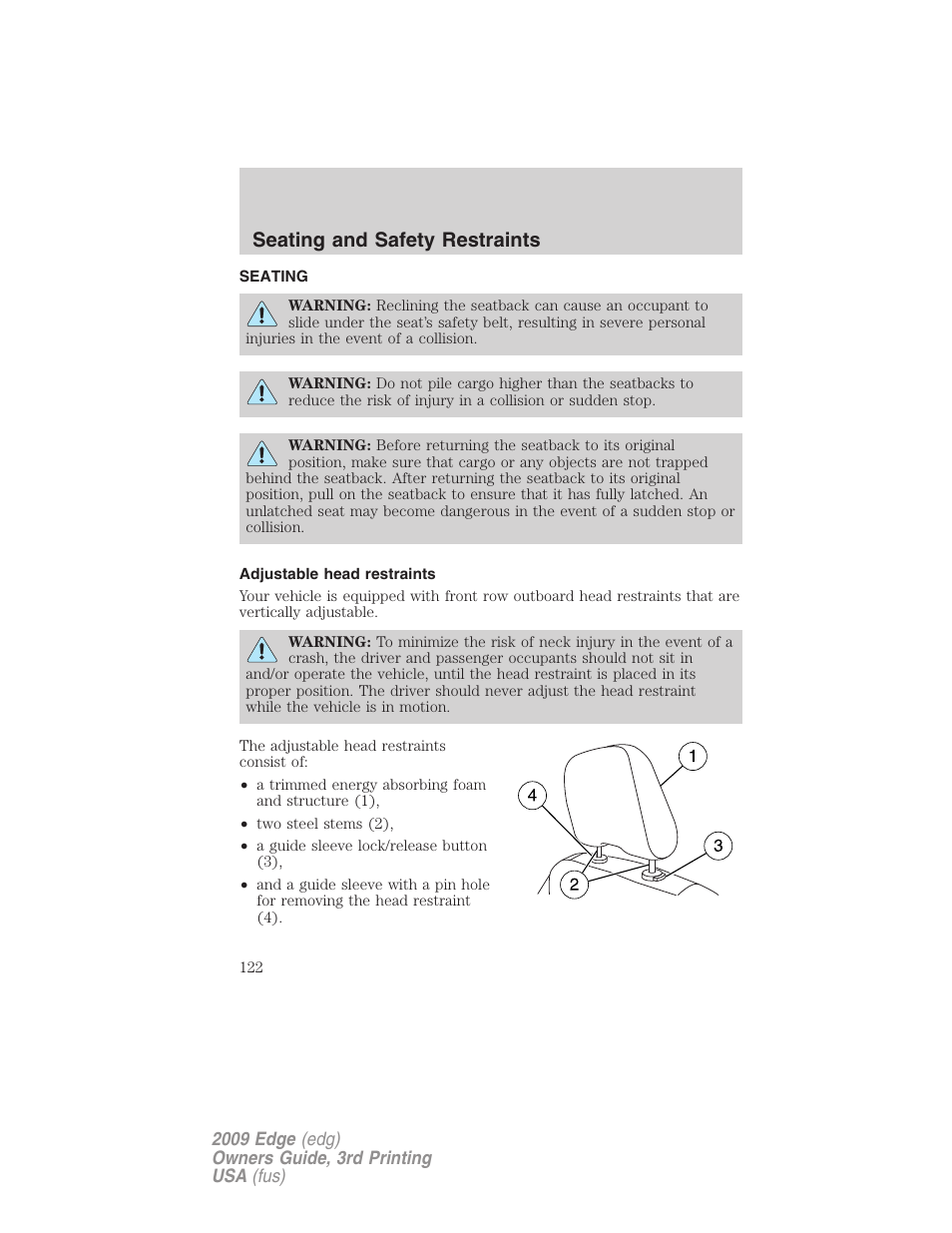 Seating and safety restraints, Seating, Adjustable head restraints | FORD 2009 Edge v.3 User Manual | Page 122 / 324