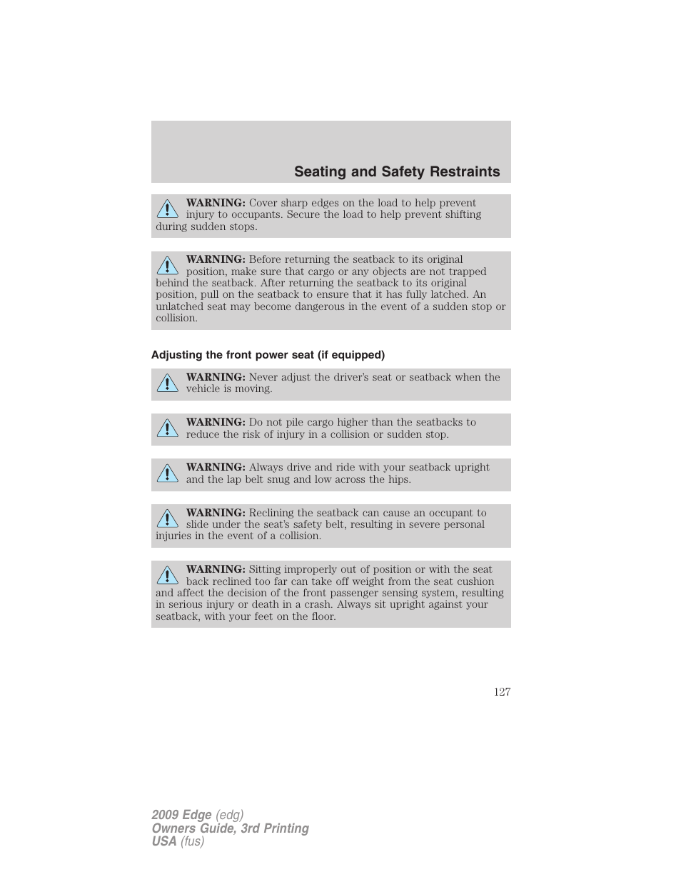 Adjusting the front power seat (if equipped), Seating and safety restraints | FORD 2009 Edge v.3 User Manual | Page 127 / 324