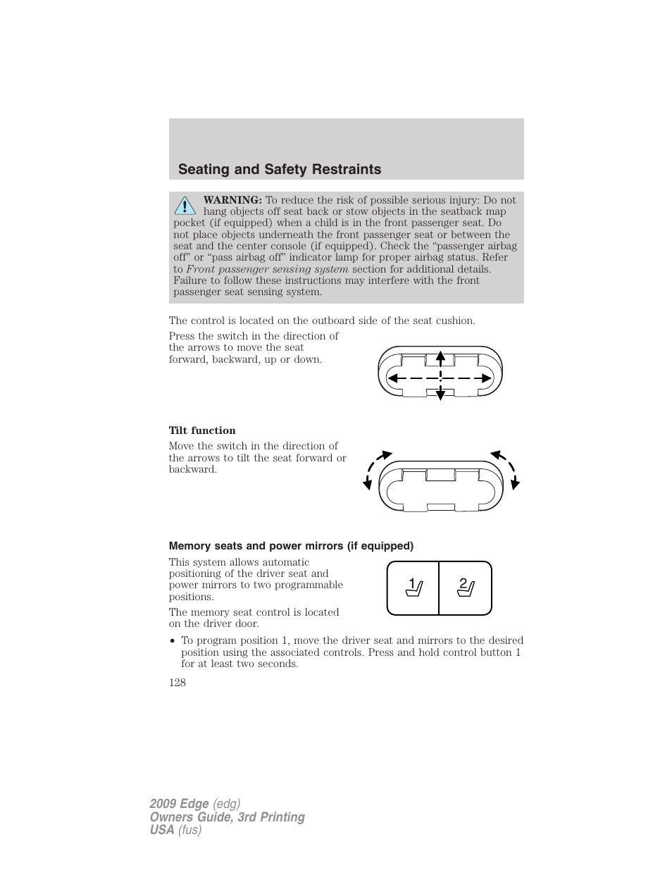 Memory seats and power mirrors (if equipped), Seating and safety restraints | FORD 2009 Edge v.3 User Manual | Page 128 / 324