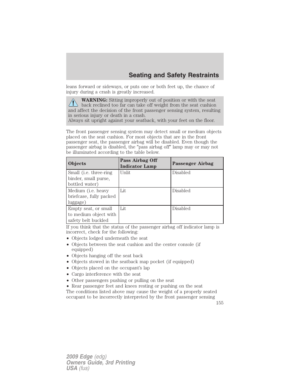 Seating and safety restraints | FORD 2009 Edge v.3 User Manual | Page 155 / 324