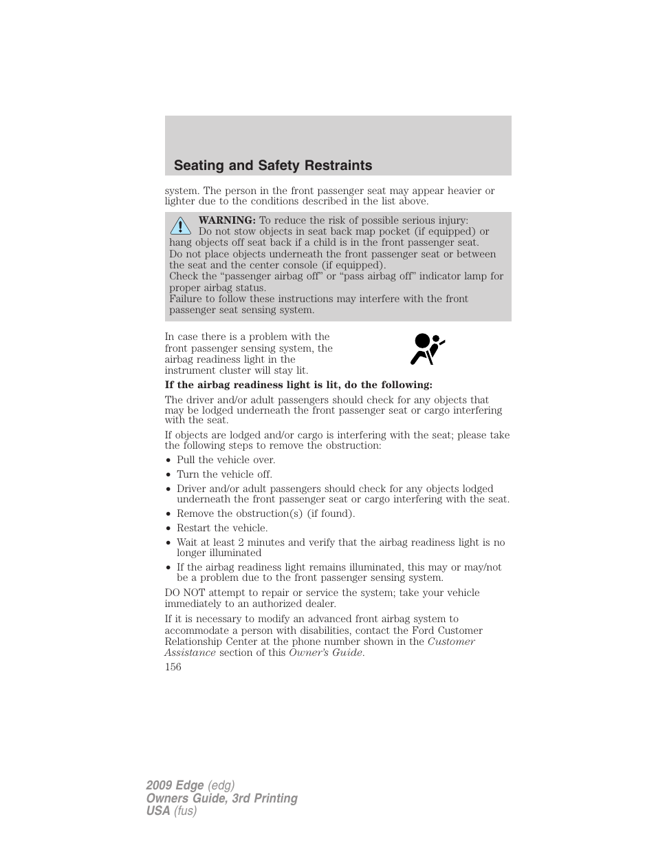 Seating and safety restraints | FORD 2009 Edge v.3 User Manual | Page 156 / 324