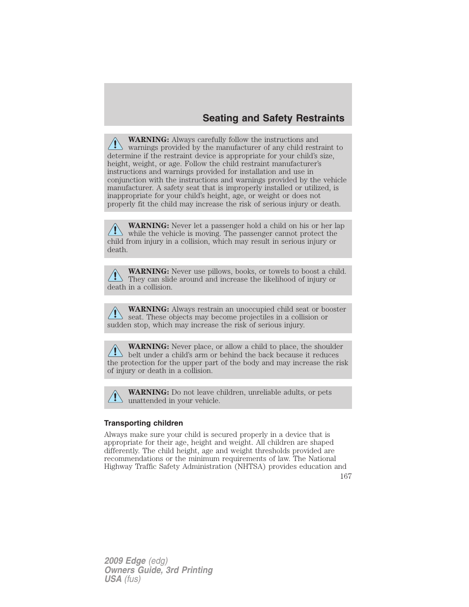 Transporting children, Seating and safety restraints | FORD 2009 Edge v.3 User Manual | Page 167 / 324