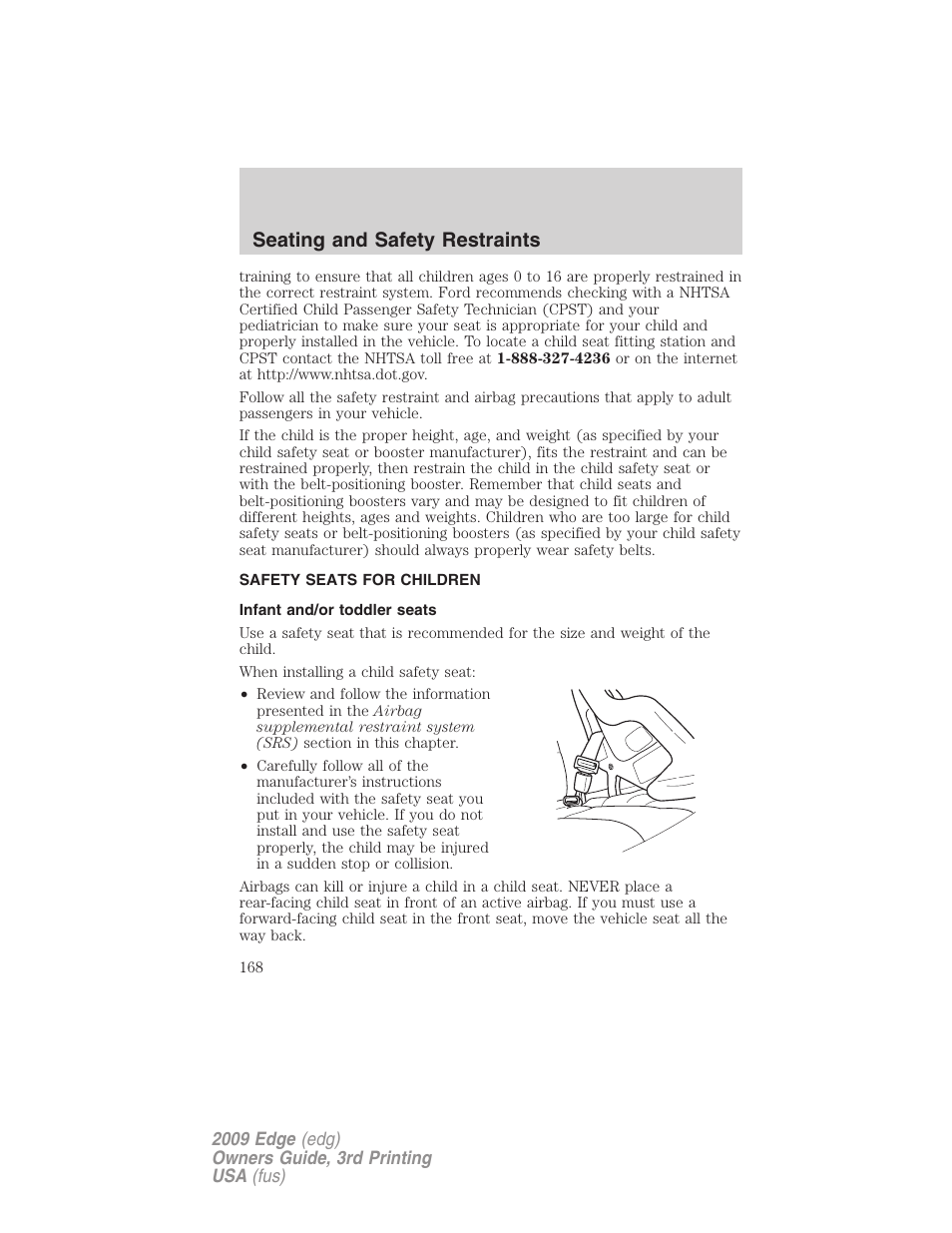 Safety seats for children, Infant and/or toddler seats, Seating and safety restraints | FORD 2009 Edge v.3 User Manual | Page 168 / 324
