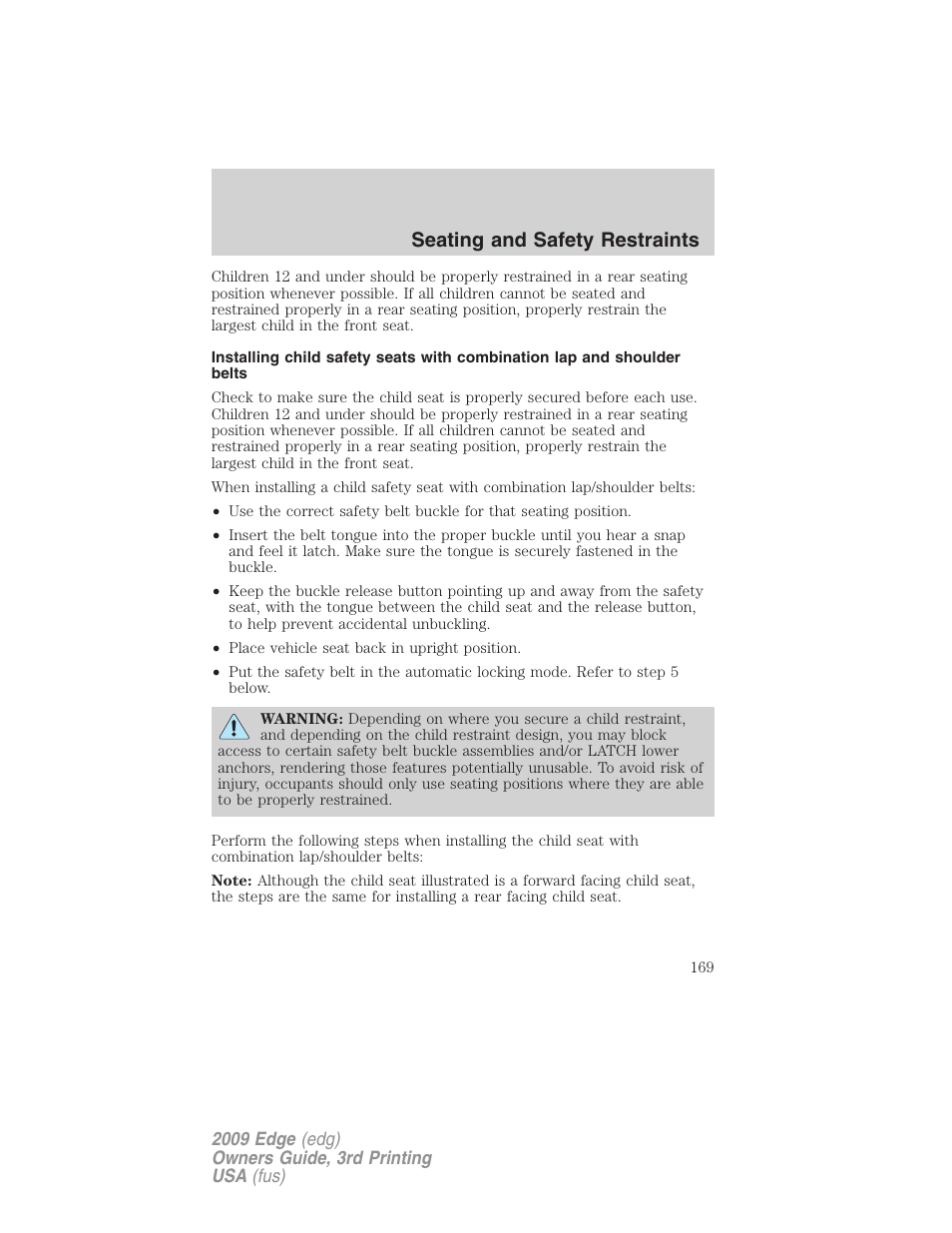 Seating and safety restraints | FORD 2009 Edge v.3 User Manual | Page 169 / 324