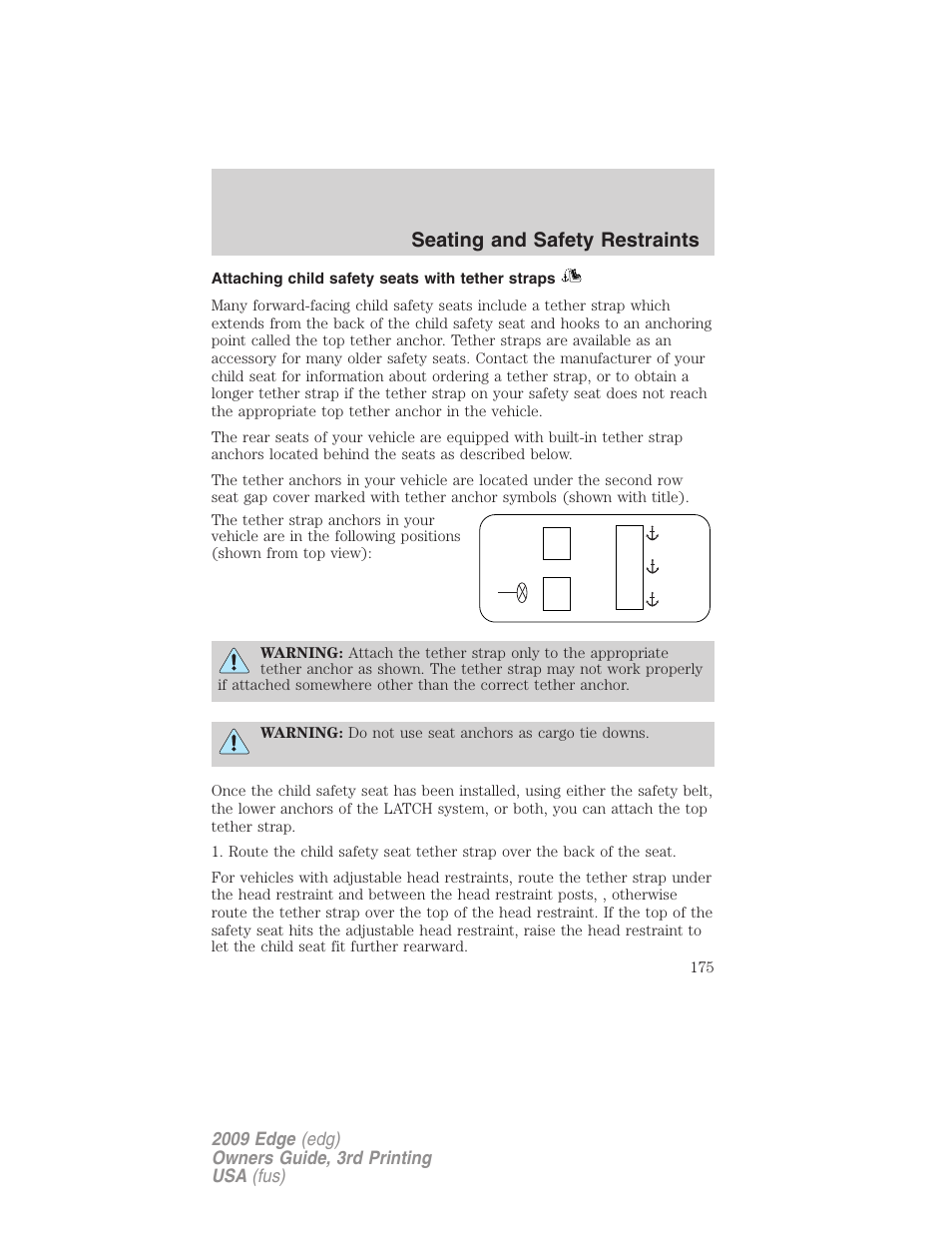 Attaching child safety seats with tether straps, Seating and safety restraints | FORD 2009 Edge v.3 User Manual | Page 175 / 324