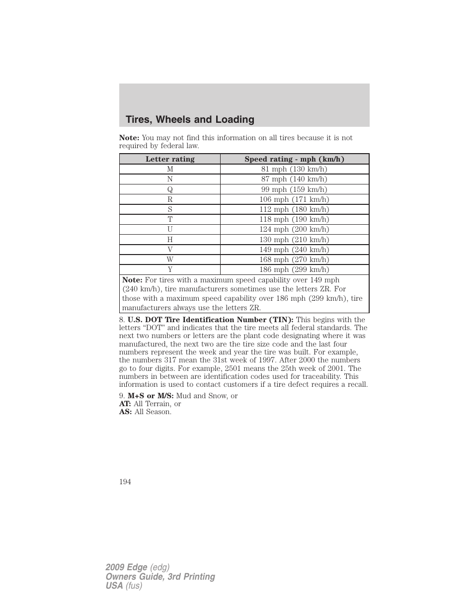 Tires, wheels and loading | FORD 2009 Edge v.3 User Manual | Page 194 / 324