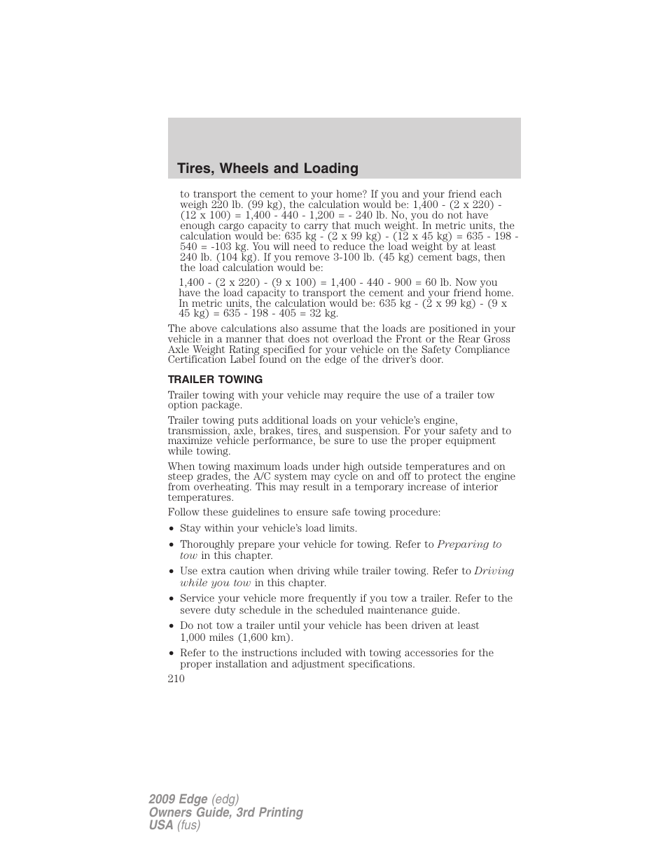 Trailer towing, Tires, wheels and loading | FORD 2009 Edge v.3 User Manual | Page 210 / 324