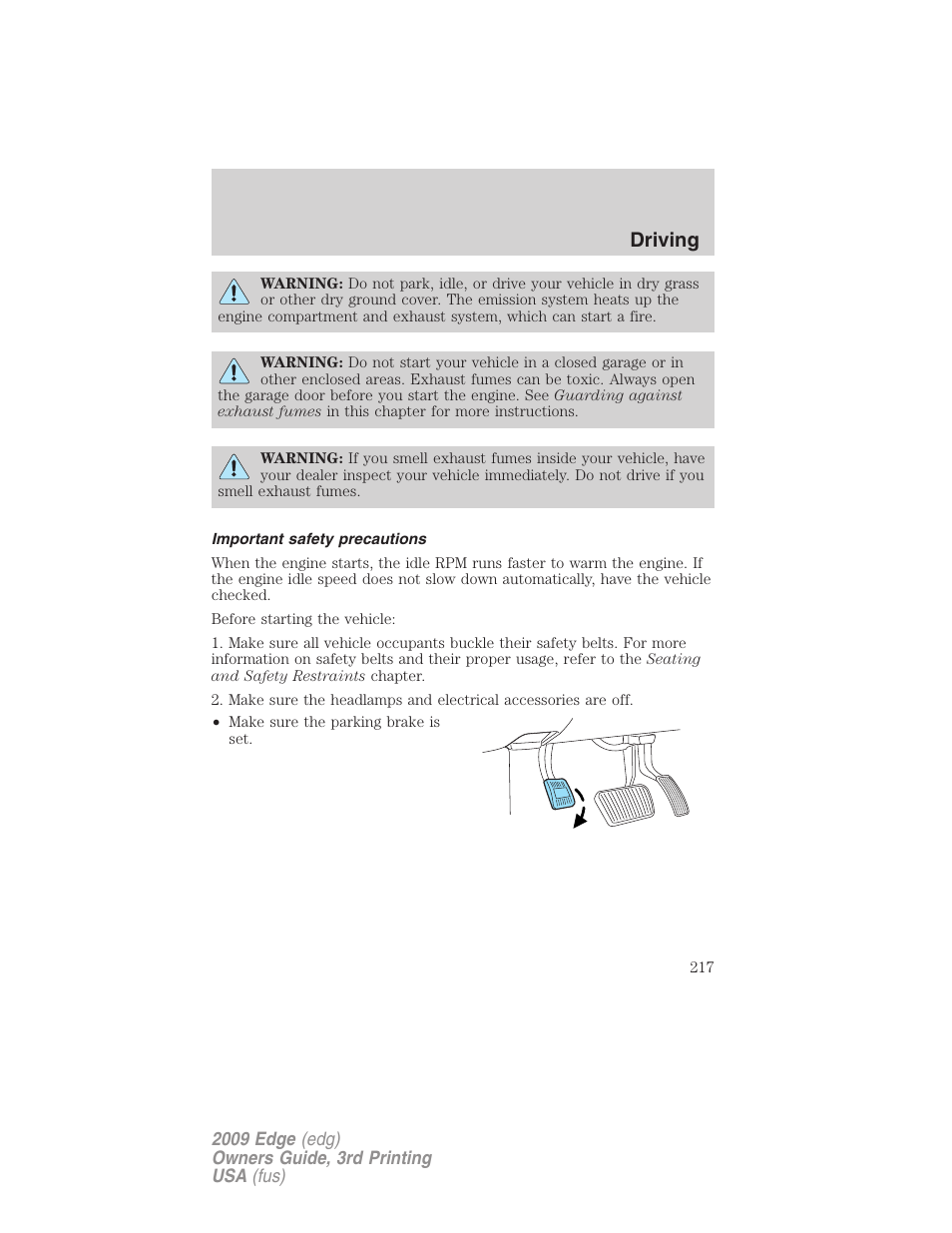 Important safety precautions, Driving | FORD 2009 Edge v.3 User Manual | Page 217 / 324