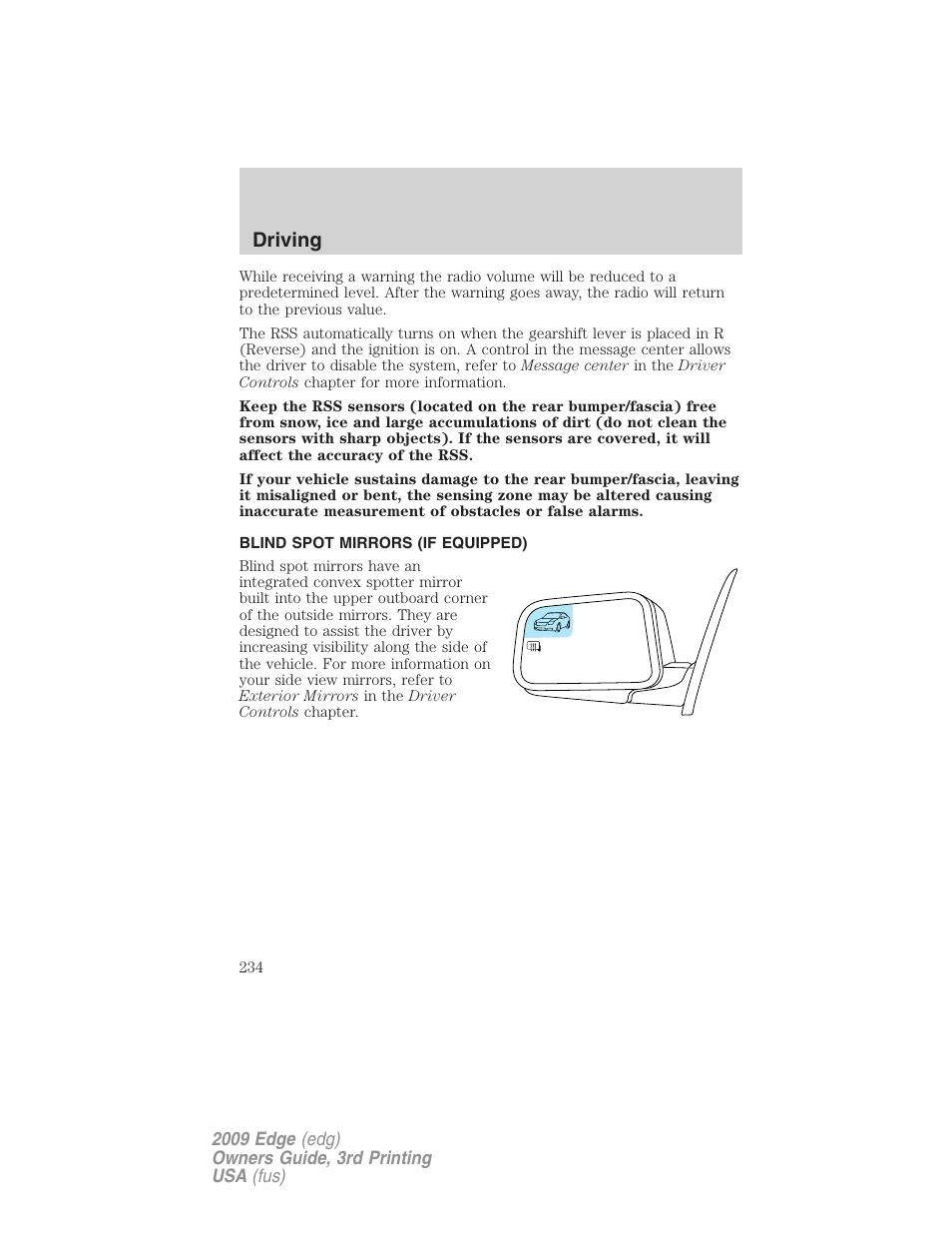 Blind spot mirrors (if equipped), Driving | FORD 2009 Edge v.3 User Manual | Page 234 / 324