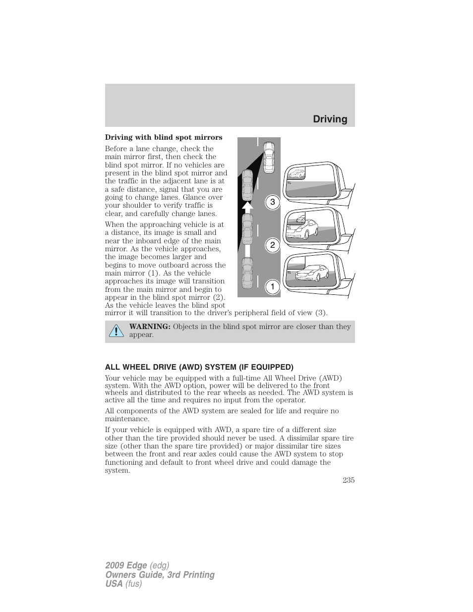 All wheel drive (awd) system (if equipped), Driving | FORD 2009 Edge v.3 User Manual | Page 235 / 324
