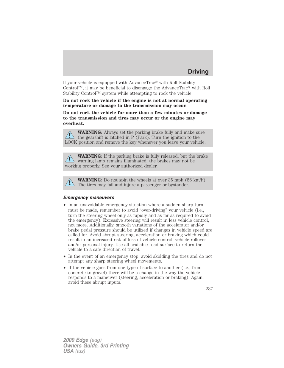 Emergency maneuvers, Driving | FORD 2009 Edge v.3 User Manual | Page 237 / 324