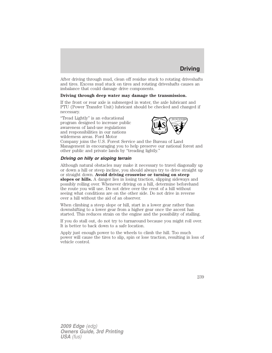 Driving on hilly or sloping terrain, Driving | FORD 2009 Edge v.3 User Manual | Page 239 / 324