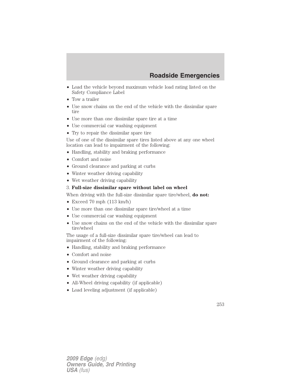 Roadside emergencies | FORD 2009 Edge v.3 User Manual | Page 253 / 324