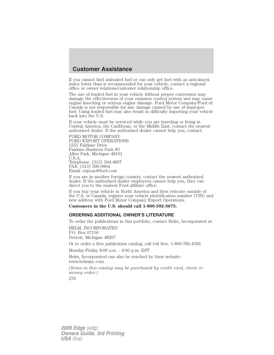Ordering additional owner’s literature, Customer assistance | FORD 2009 Edge v.3 User Manual | Page 270 / 324