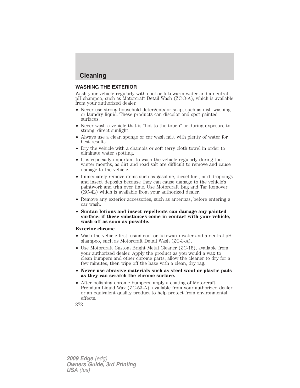 Cleaning, Washing the exterior | FORD 2009 Edge v.3 User Manual | Page 272 / 324