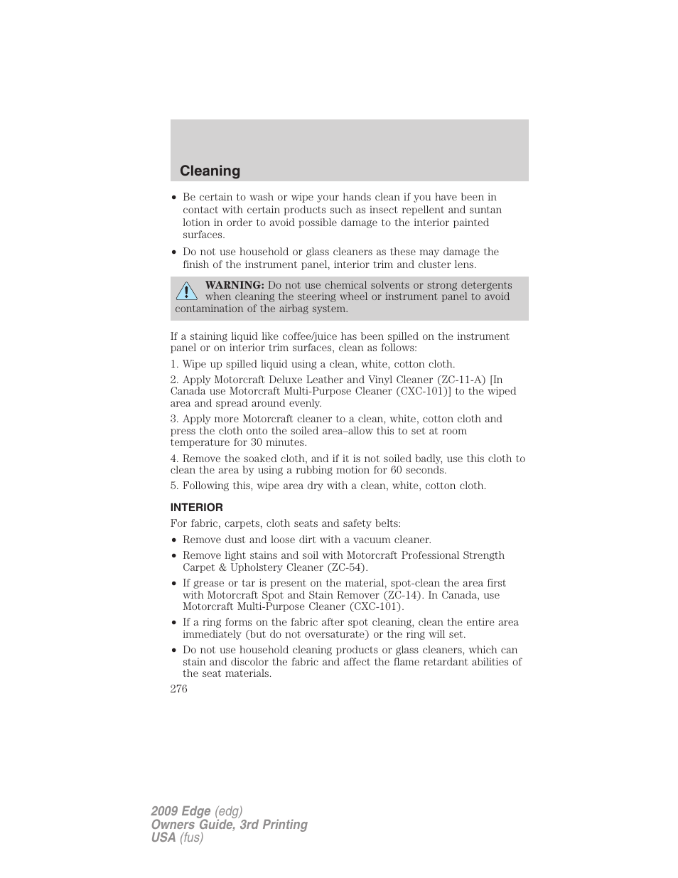 Interior, Cleaning | FORD 2009 Edge v.3 User Manual | Page 276 / 324