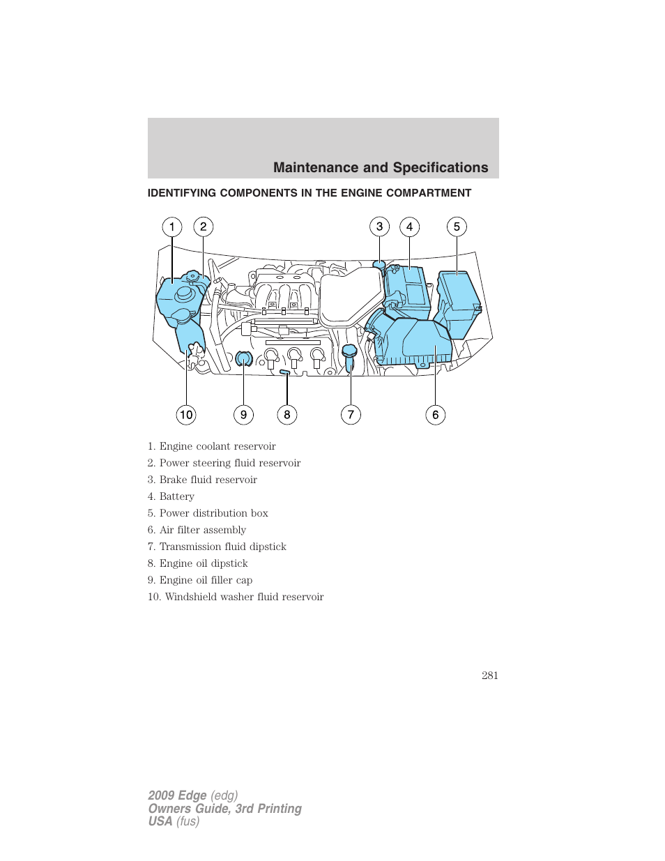 Identifying components in the engine compartment, Engine compartment, Maintenance and specifications | FORD 2009 Edge v.3 User Manual | Page 281 / 324