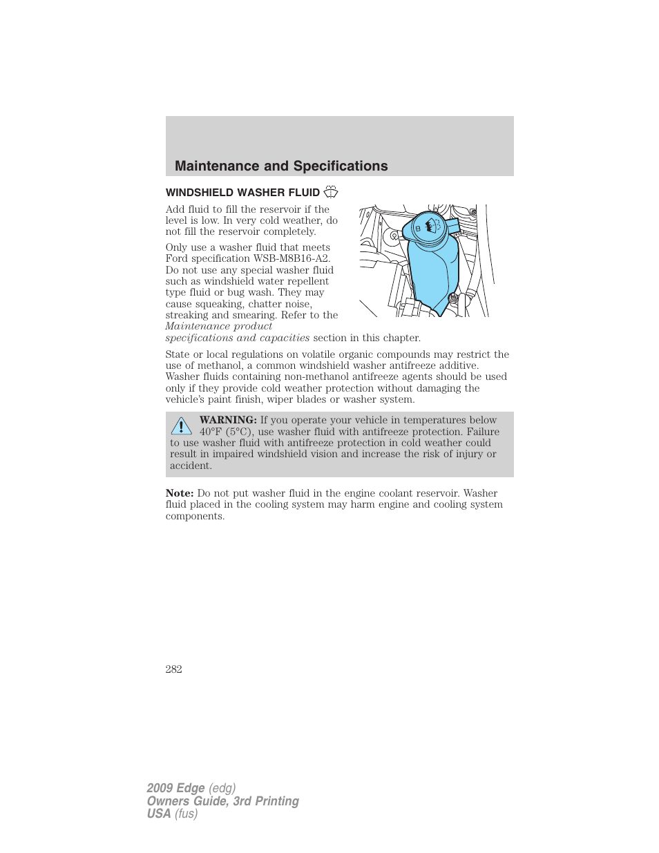 Windshield washer fluid, Maintenance and specifications | FORD 2009 Edge v.3 User Manual | Page 282 / 324