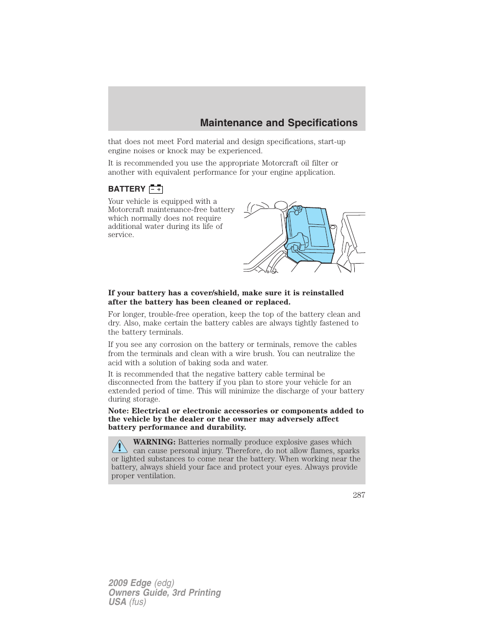 Battery, Maintenance and specifications | FORD 2009 Edge v.3 User Manual | Page 287 / 324