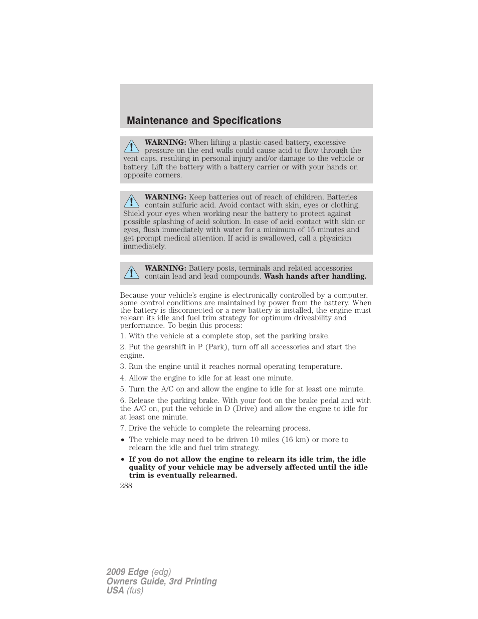 Maintenance and specifications | FORD 2009 Edge v.3 User Manual | Page 288 / 324