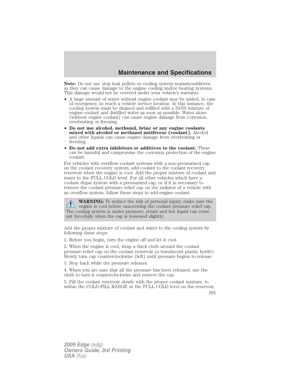 Maintenance and specifications | FORD 2009 Edge v.3 User Manual | Page 291 / 324
